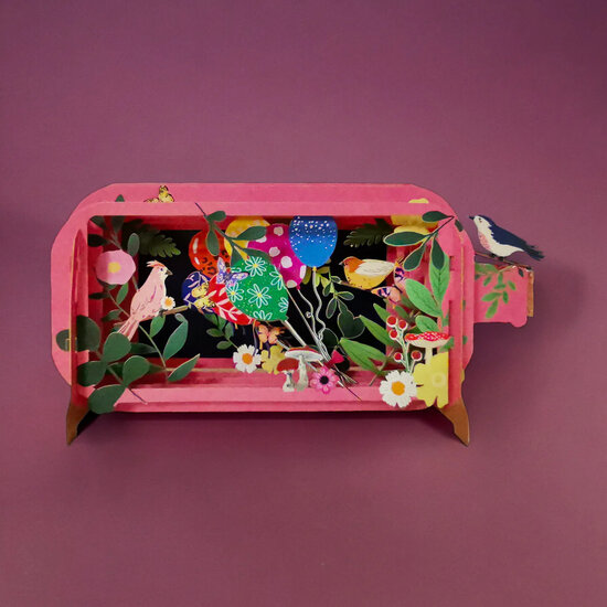 3D pop up wenskaart  - message in a bottle - ballonnen