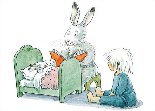 ansichtkaart - konijn leest voor