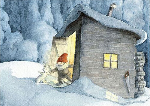 ansichtkaart kabouter en konijn in de sneeuw