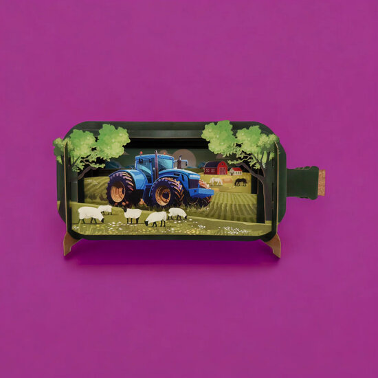 3D pop up wenskaart  - message in a bottle - tractor met schapen