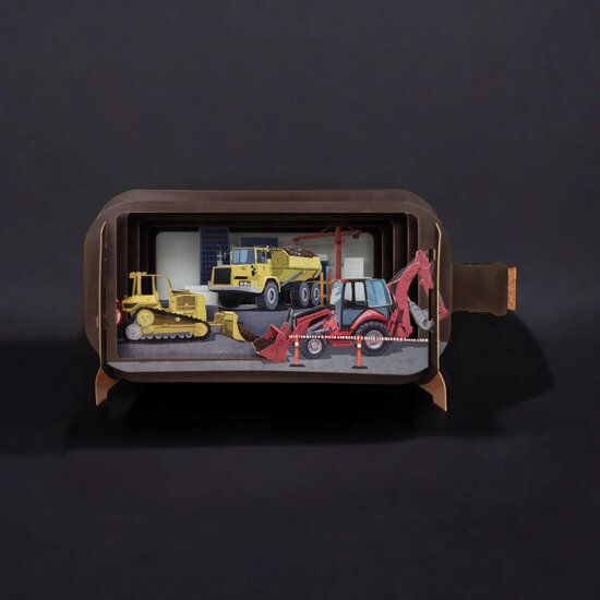 3D pop up wenskaart  - message in a bottle - werkvoertuigen