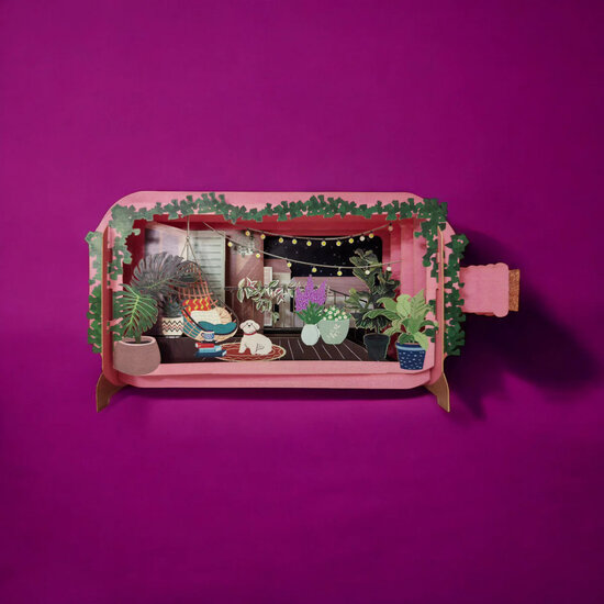 3D pop up wenskaart  - message in a bottle - balkon