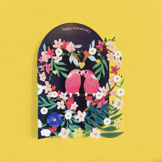 lasergesneden wenskaart blossom - lovebirds - happy anniversary