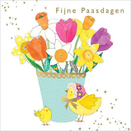 paaskaart piano color - Fijne Paasdagen - kuikens en bloemen