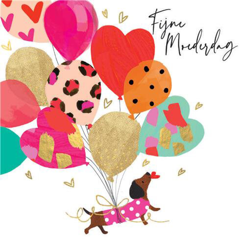 moederdagkaart piano color - Fijne Moederdag - teckel met ballonnen