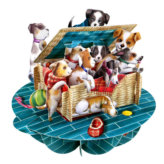 3D kaart - pirouettes cards - puppy&#039;s in een mandje