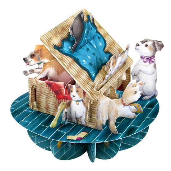 3D kaart - pirouettes cards - puppy&#039;s in een mandje