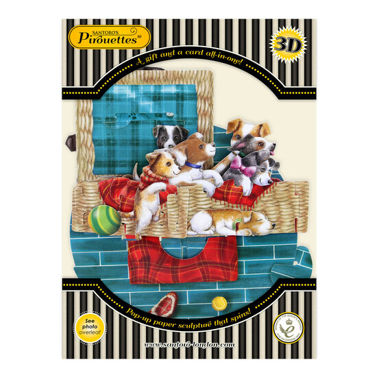 3D kaart - pirouettes cards - puppy&#039;s in een mandje