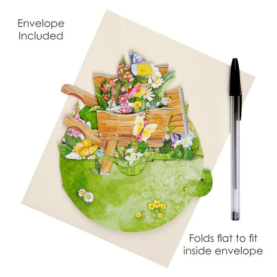 3D kaart - pirouettes cards - kruiwagen met bloemen en vlinders