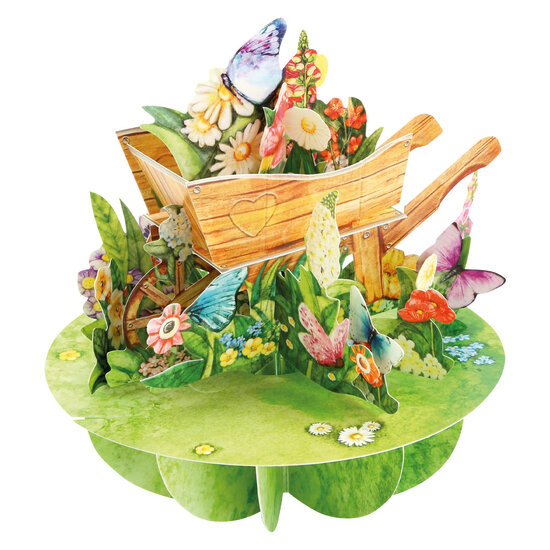3D kaart - pirouettes cards - kruiwagen met bloemen en vlinders