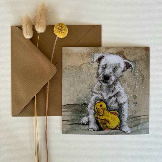 wenskaart alex clark - puppy en eendenknuffel