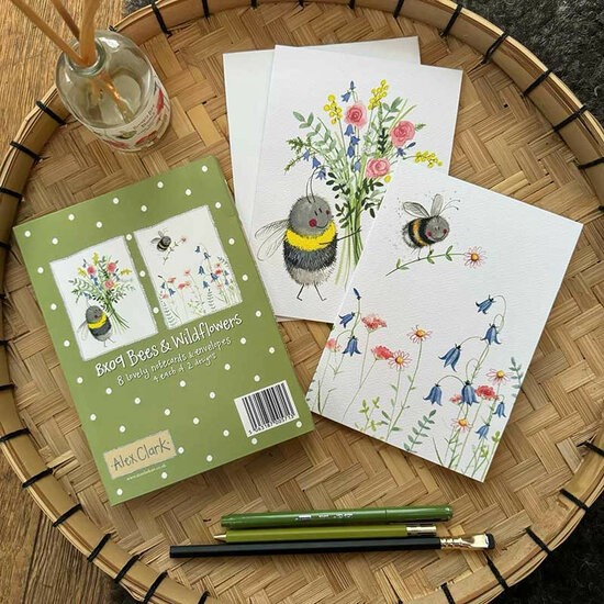 8 wenskaarten Alex Clark - kaartenset met 2 ontwerpen - bijen en wilde bloemen
