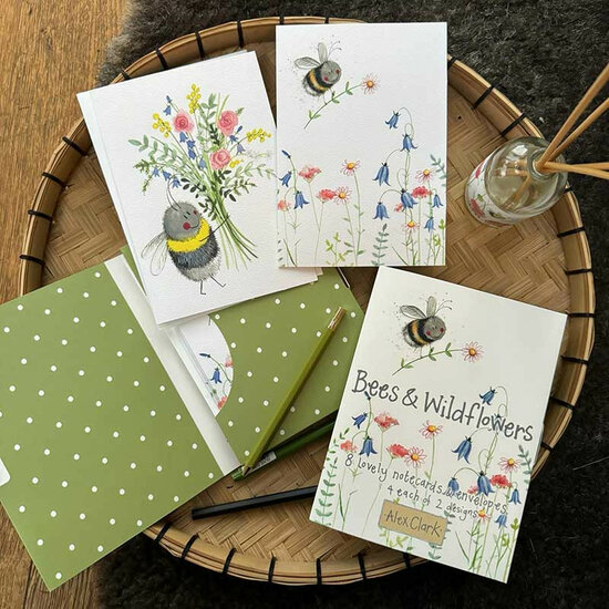 8 wenskaarten Alex Clark - kaartenset met 2 ontwerpen - bijen en wilde bloemen