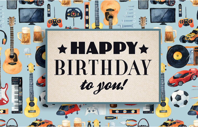 verjaardagskaart - happy birthday to you - voetbal, gitaar, bier