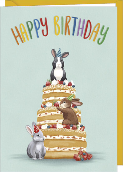 verjaardagskaart correspondances Rosie Hilyer - happy birthday - taart met konijntjes