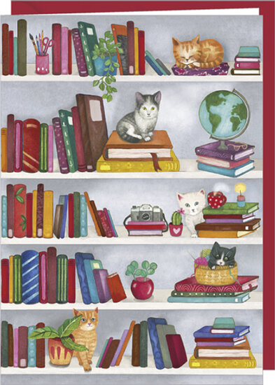 wenskaart correspondances Mila - kittens in boekenkast
