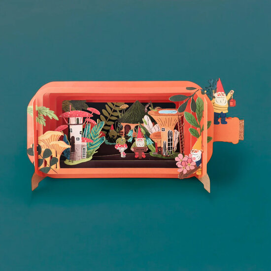 3D pop up wenskaart  - message in a bottle - kabouter en paddenstoelen