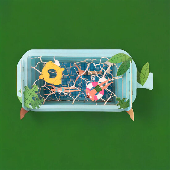 3D pop up wenskaart  - message in a bottle - zwemmen