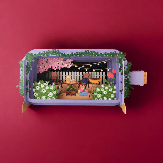 3D pop up wenskaart  - message in a bottle - bbq in tuin