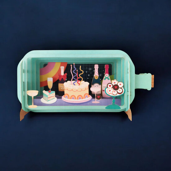 3D pop up wenskaart  - message in a bottle - taart en champagne