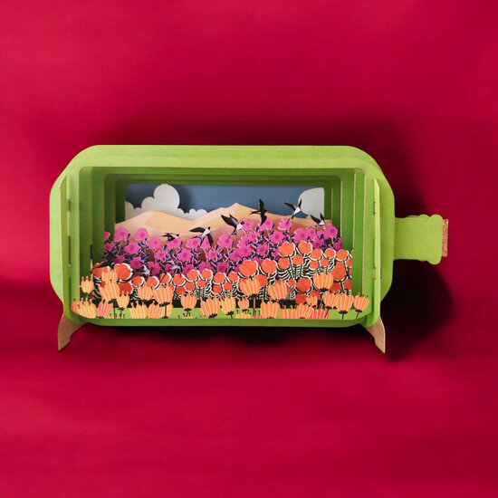 3D pop up wenskaart  - message in a bottle - zwaluw