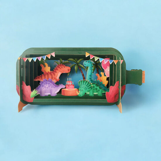 3D pop up wenskaart  - message in a bottle - dinosaurus en taart