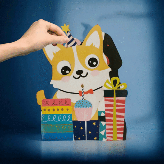 lasergesneden kaart met bewegende ogen - Aww! So Cute! - hond en cadeau