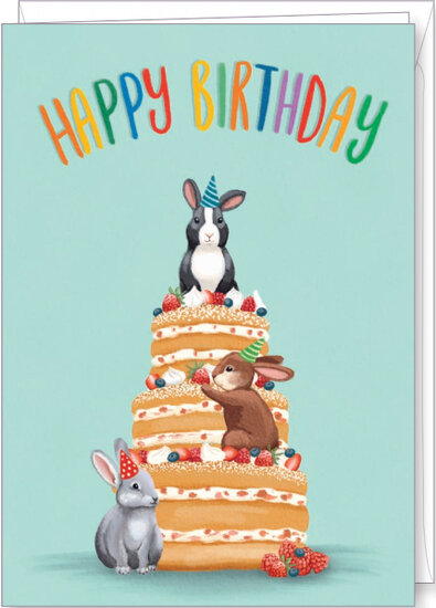 grote verjaardagskaart A4 - Rosie Hilyer - happy birthday - taart en konijnen