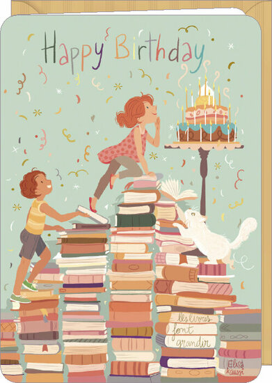 verjaardagskaart correspondances - happy birthday - taart en boeken