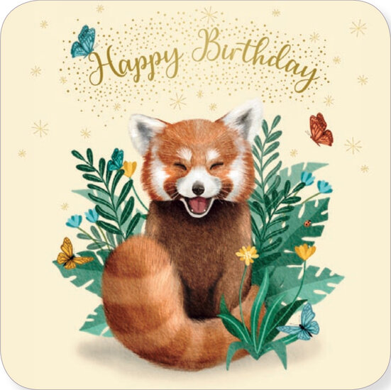 vierkante ansichtkaart met envelop Rosie Hilyer - happy birthday - rode panda