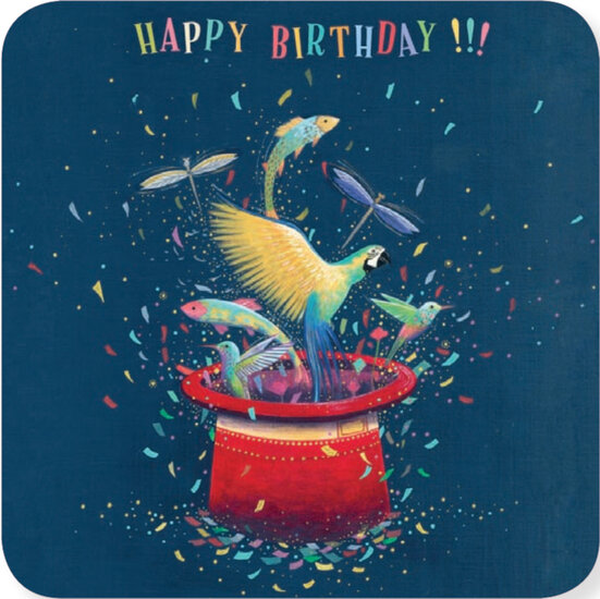 vierkante ansichtkaart met envelop Jehanne Weyman - happy birthday - uit de hoge hoed