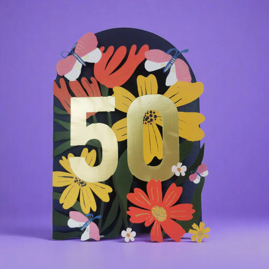 50 jaar - lasergesneden wenskaart blossom - bloemen en vlinders