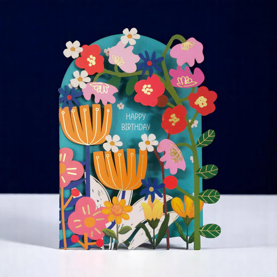 lasergesneden wenskaart blossom - happy birthday - bloemen blauw