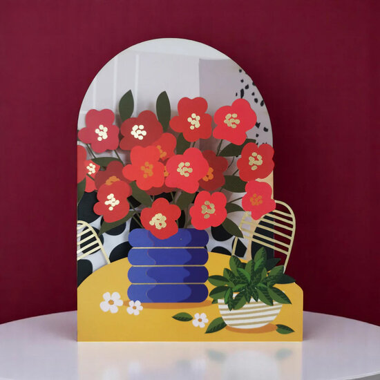 lasergesneden wenskaart blossom - rode bloemen in vaas