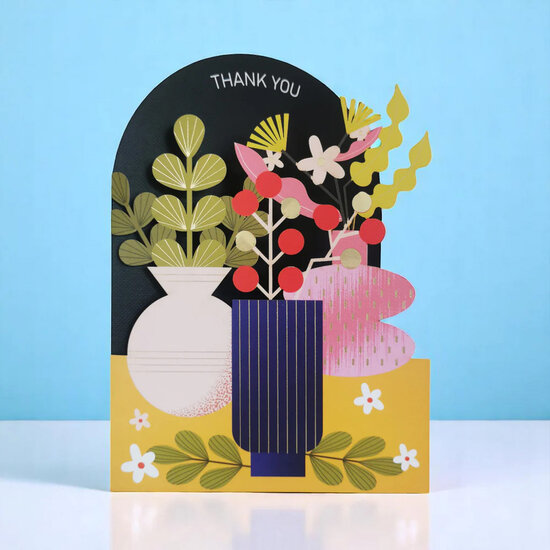 lasergesneden wenskaart blossom - thank you - bloemen in vaasjes