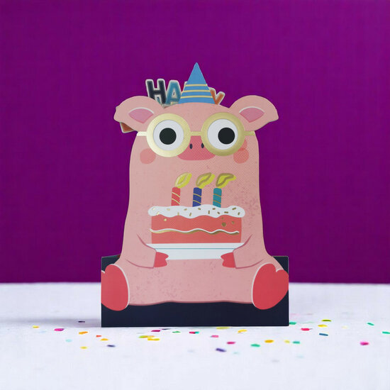 lasergesneden kaart met bewegende ogen - Aww! So Cute! - happy birthday - feestvarken