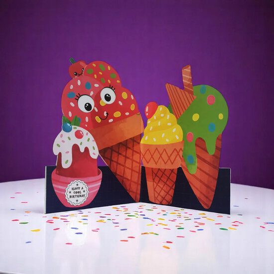 lasergesneden kaart met bewegende ogen - Aww! So Cute! - have a cool birthday - ijsjes