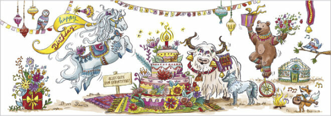 uitklapbare verjaardagskaart cache-cache - happy birthday - paard trekt kar met taart