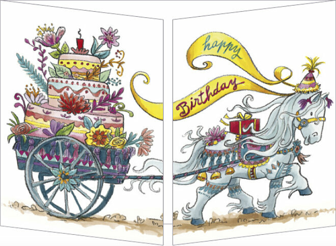 uitklapbare verjaardagskaart cache-cache - happy birthday - paard trekt kar met taart | muller wenskaarten