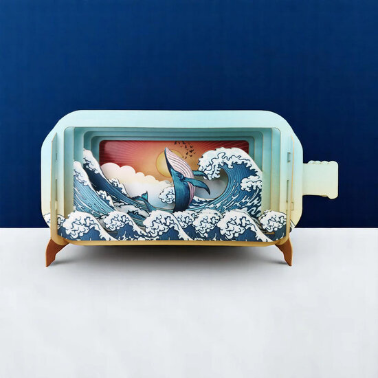 3D pop up wenskaart  - message in a bottle - walvis| mullerwenskaarten