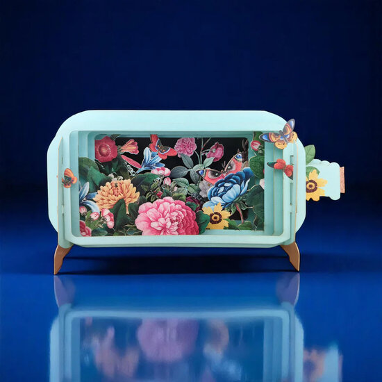 3D pop up wenskaart  - message in a bottle - bloemen blauw