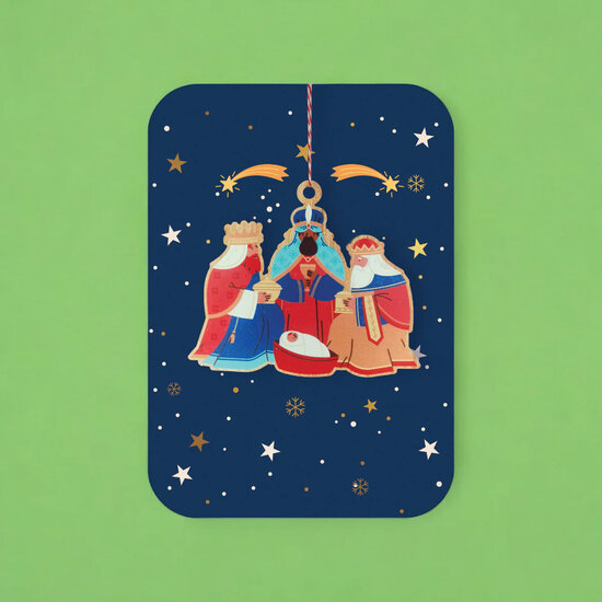 luxe christelijke kerstkaart met houten kerstboom hanger - 3 koningen - a| mullerwenskaarten