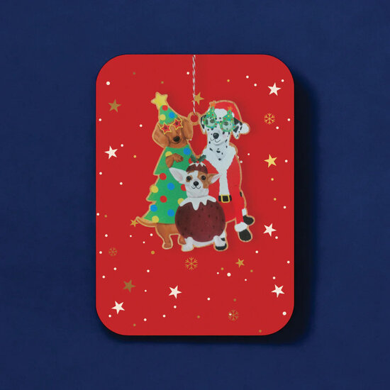 luxe kerstkaart met houten kerstboom hanger - honden| mullerwenskaarten