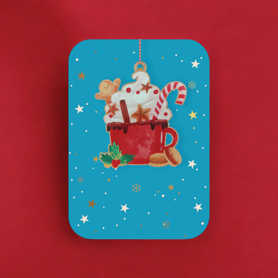 luxe kerstkaart met houten kerstboom hanger - chocolademelk| mullerwenskaarten