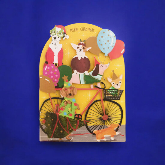 lasergesneden kerstkaart - merry christmas - honden op fiets | Muller wenskaarten