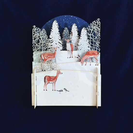 3d pop-up kerstkaart miniature greetings - herten in bos met sneeuw | mullerwenskaarten