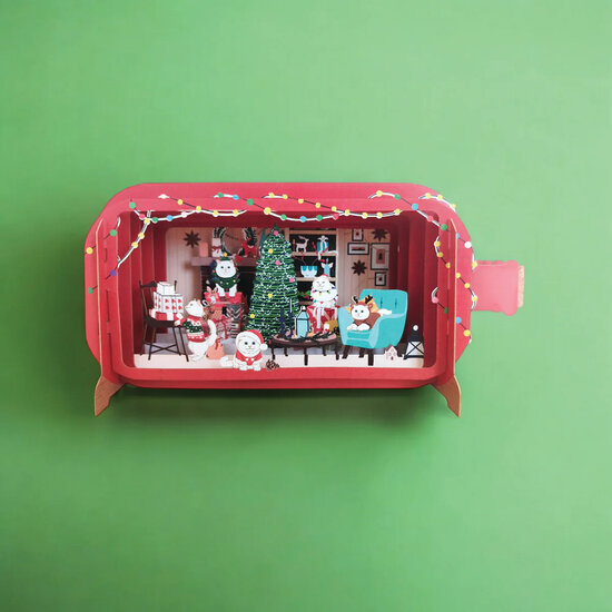 3D pop up kerstkaart - message in a bottle - katten vieren kerst | mullerwenskaarten