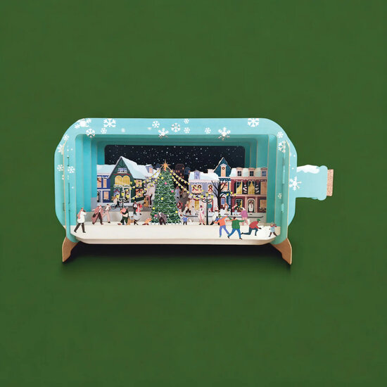 3D pop up kerstkaart - message in a bottle - kerstdorp | mullerwenskaarten
