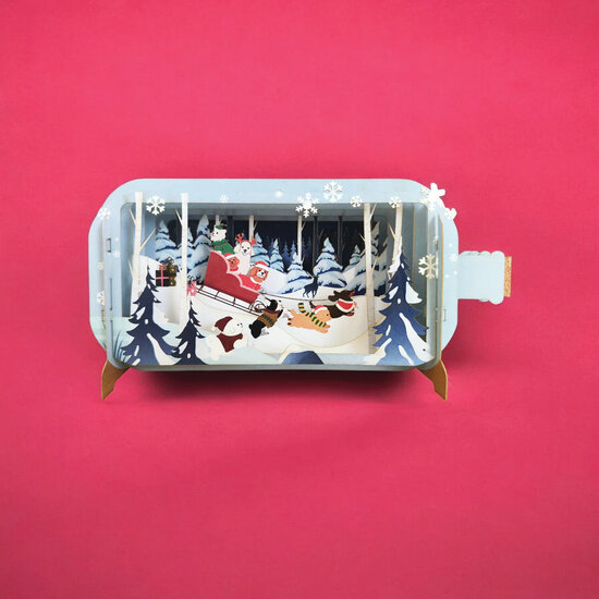 3D pop up kerstkaart - message in a bottle - honden in arrenslee | mullerwenskaarten