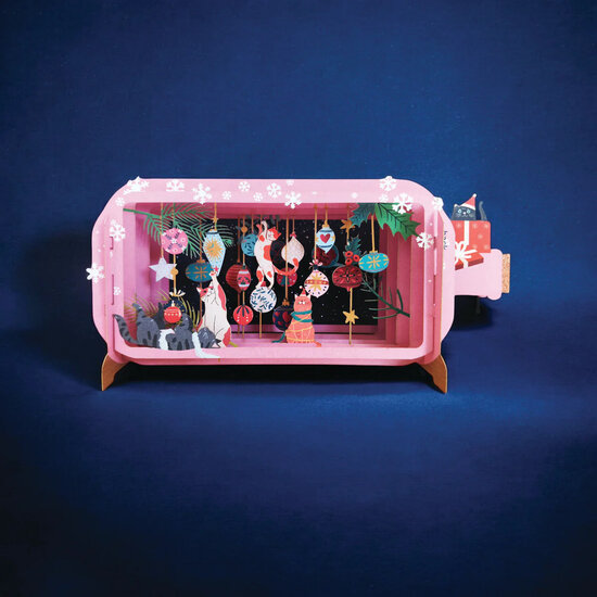 3D pop up kerstkaart - message in a bottle - katten en kerstballen | mullerwenskaarten